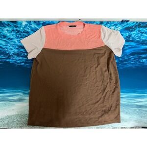 ☀️Dokotoo Womens Colorblock Ribbed Knit Short Sleeve Top Brown Pink 2XL